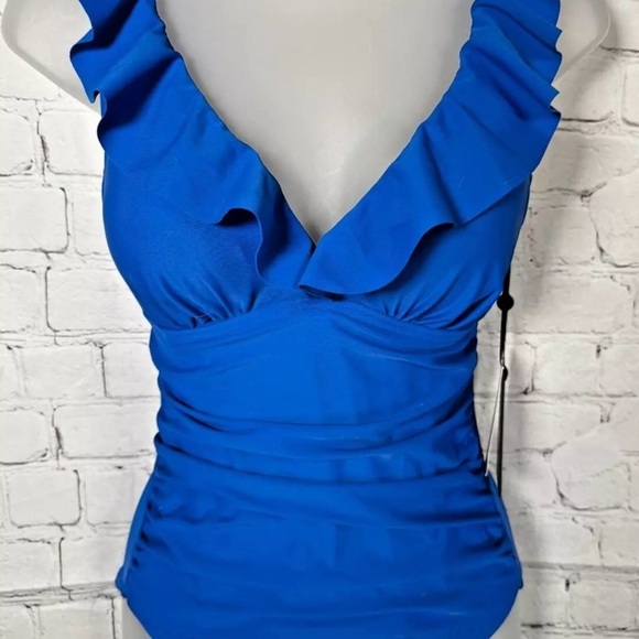 DKNY LAPIS Ruffle Plunge Underwire Tummy Control One-Piece NWT, Size Medium - Picture 3 of 9